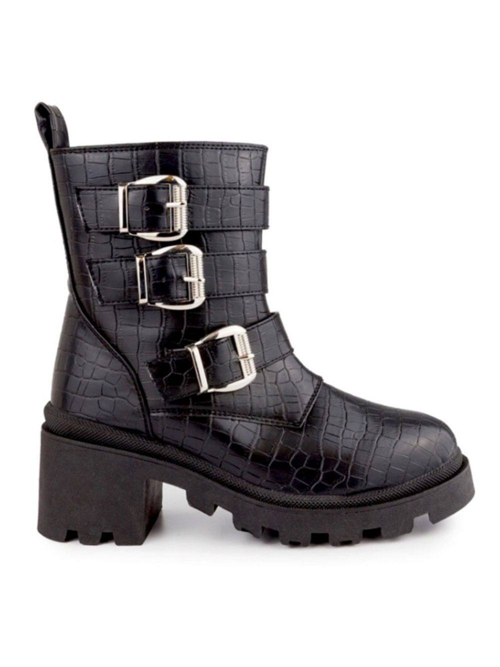 Sugar Filo Buckled Moto Goth Black Faux Crocodile Lug Heel Combat Boots, Size 8